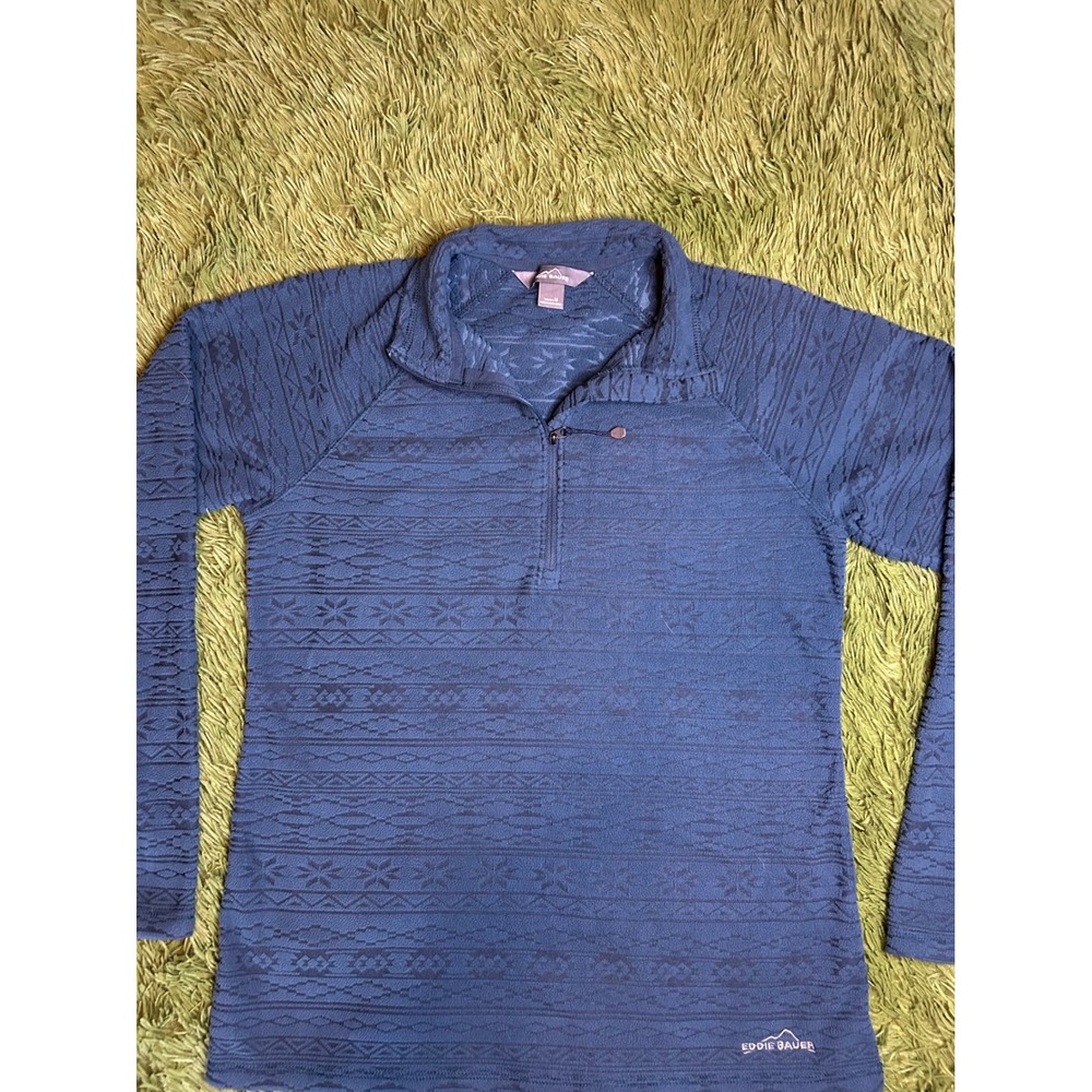 Eddie Bauer Pullover Women Medium Blue Quarter Zip Fleece Fair Isle Textured